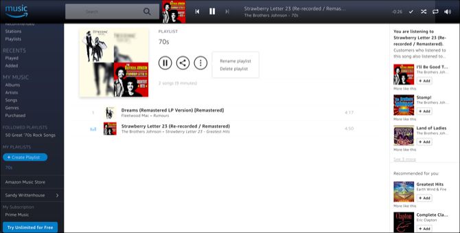 Опции плейлиста Amazon Music в браузере