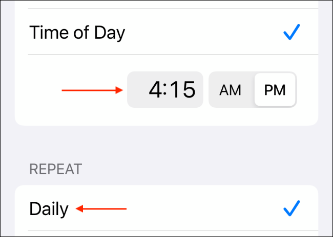 Установите время и ежедневное повторение
