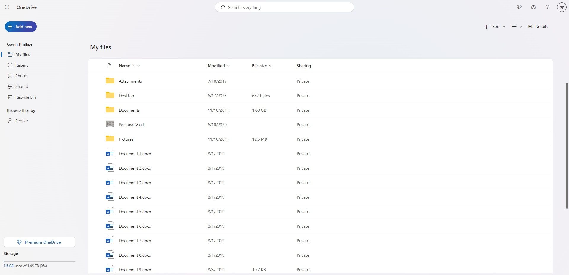веб‑интерфейс OneDrive, обновлённый интерфейс феврале 2024 года