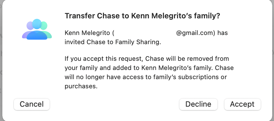Запрос на передачу ребёнка в другой семейный аккаунт в macOS