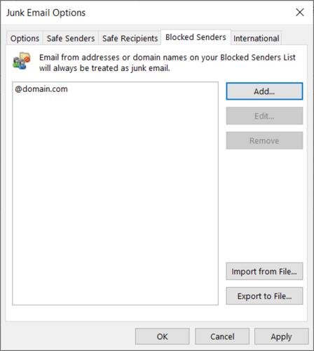 Домен добавлен в список заблокированных Outlook