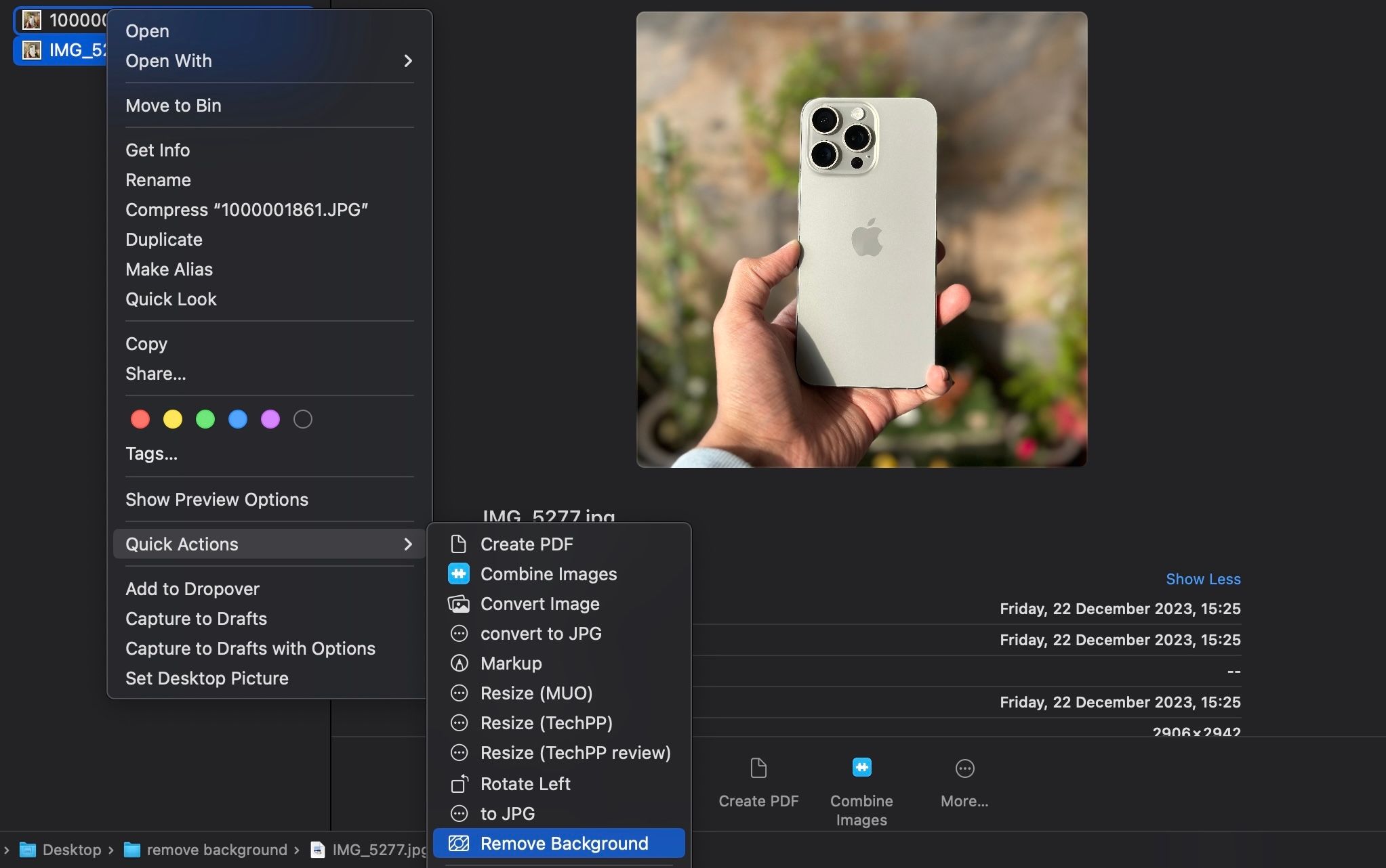 Применение Remove Background к изображению через Finder на Mac.