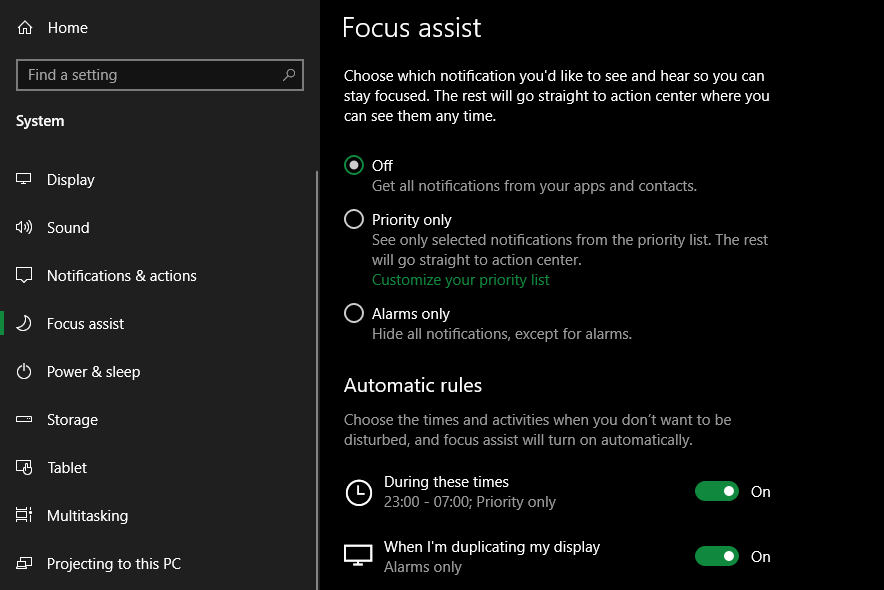 Параметры Фокусирования внимания (Focus assist) в Windows 10