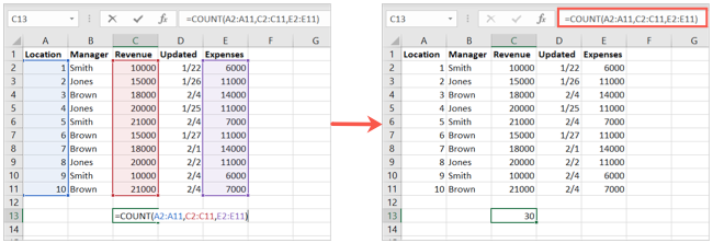 COUNT для нескольких диапазонов ячеек