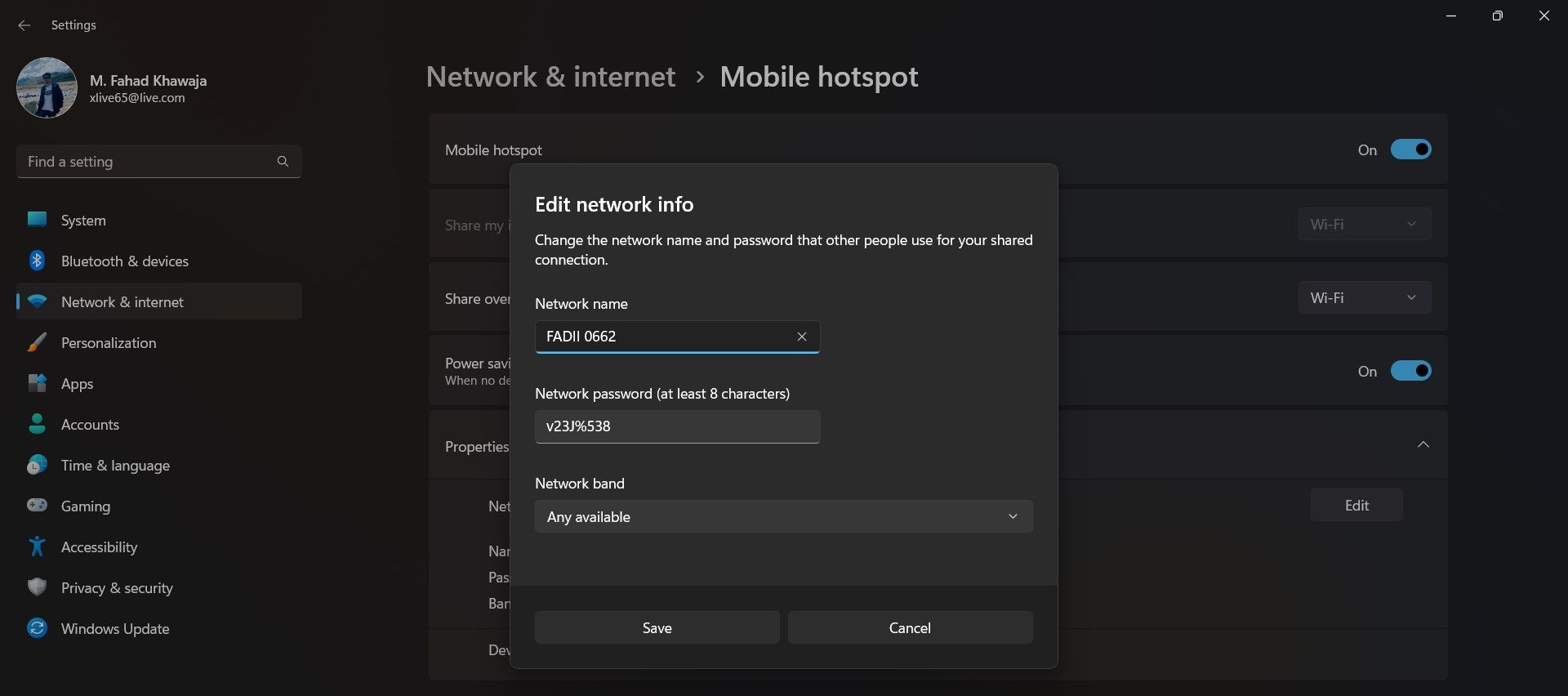 Форма изменения имени сети и пароля мобильной точки доступа в Windows 11