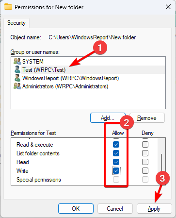 Диалог выбора разрешений: строки Чтение, Запись, Полный доступ