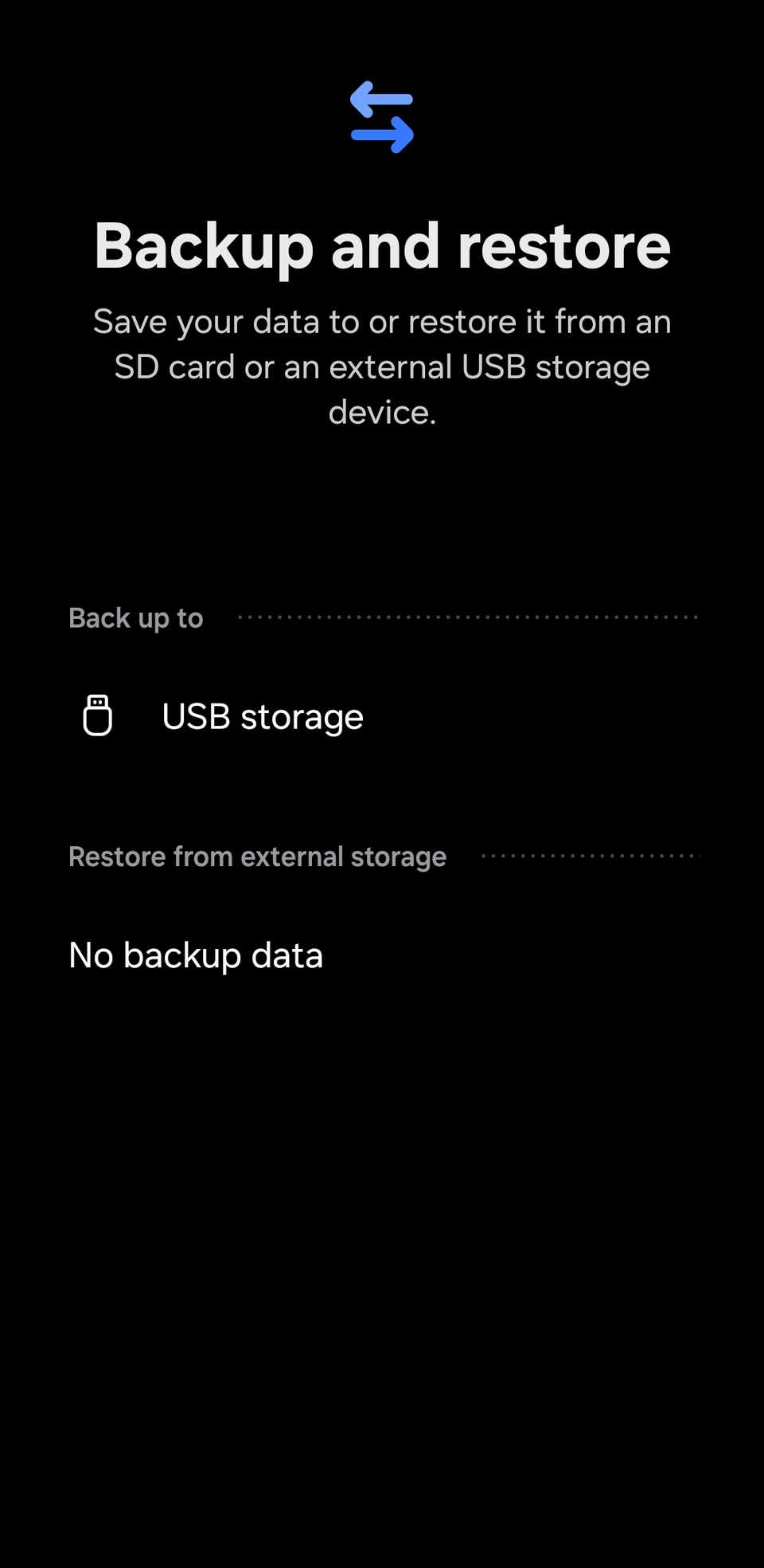 Backup and restore menu on Samsung Smart Switch app