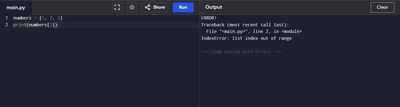 Иллюстрация IndexError: консоль показывает сообщение об ошибке при обращении к несуществующему индексу.