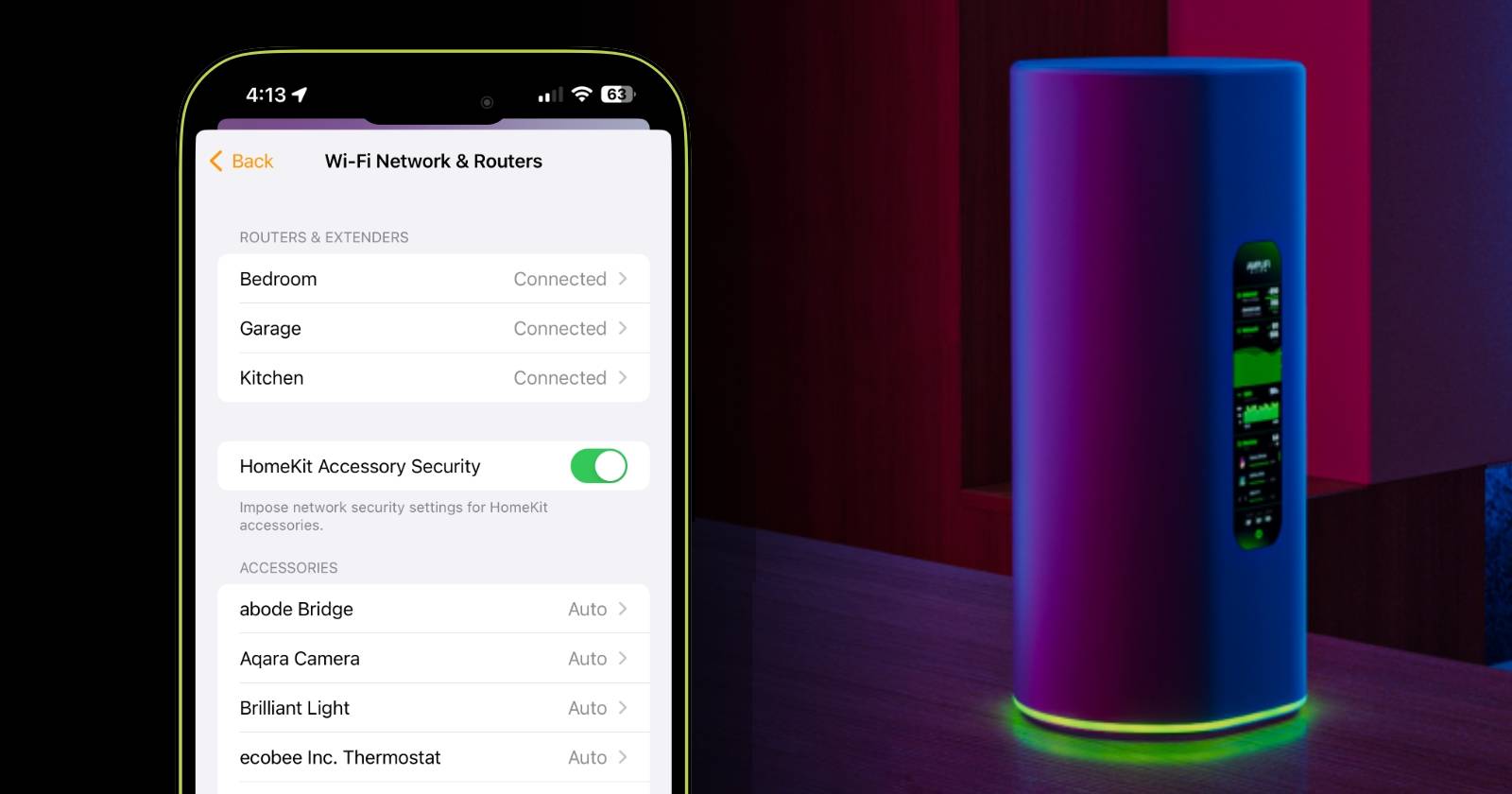 Apple Home App Router Settings Displayed on an iPhone Next to an Amplifi Alien Router