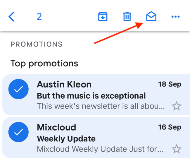 Нажмите значок открытого конверта, чтобы пометить письма как прочитанные