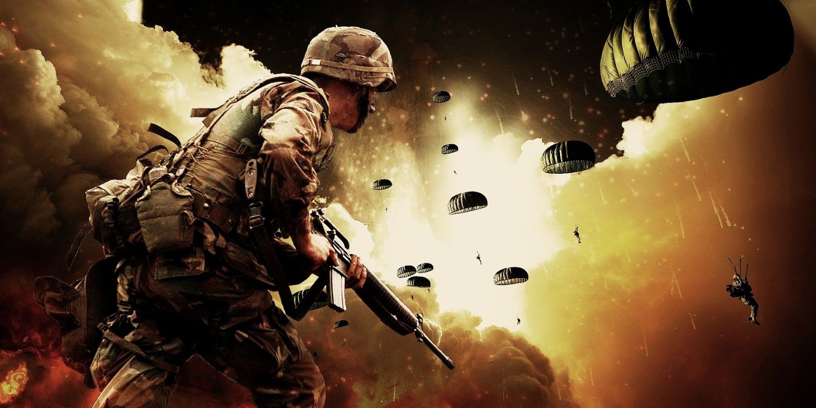 A soldier running through explosions and parachuters