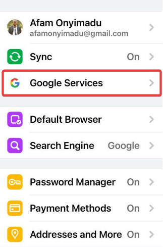 Раздел Google Services в Chrome на iOS