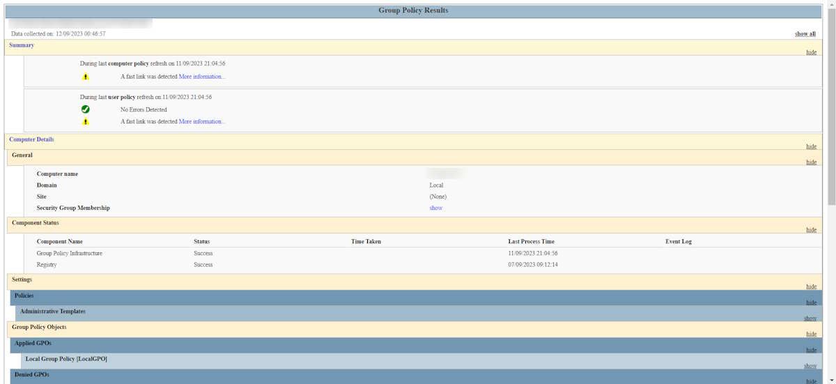 Экспортированный отчёт групповой политики, открытый в веб‑браузере
