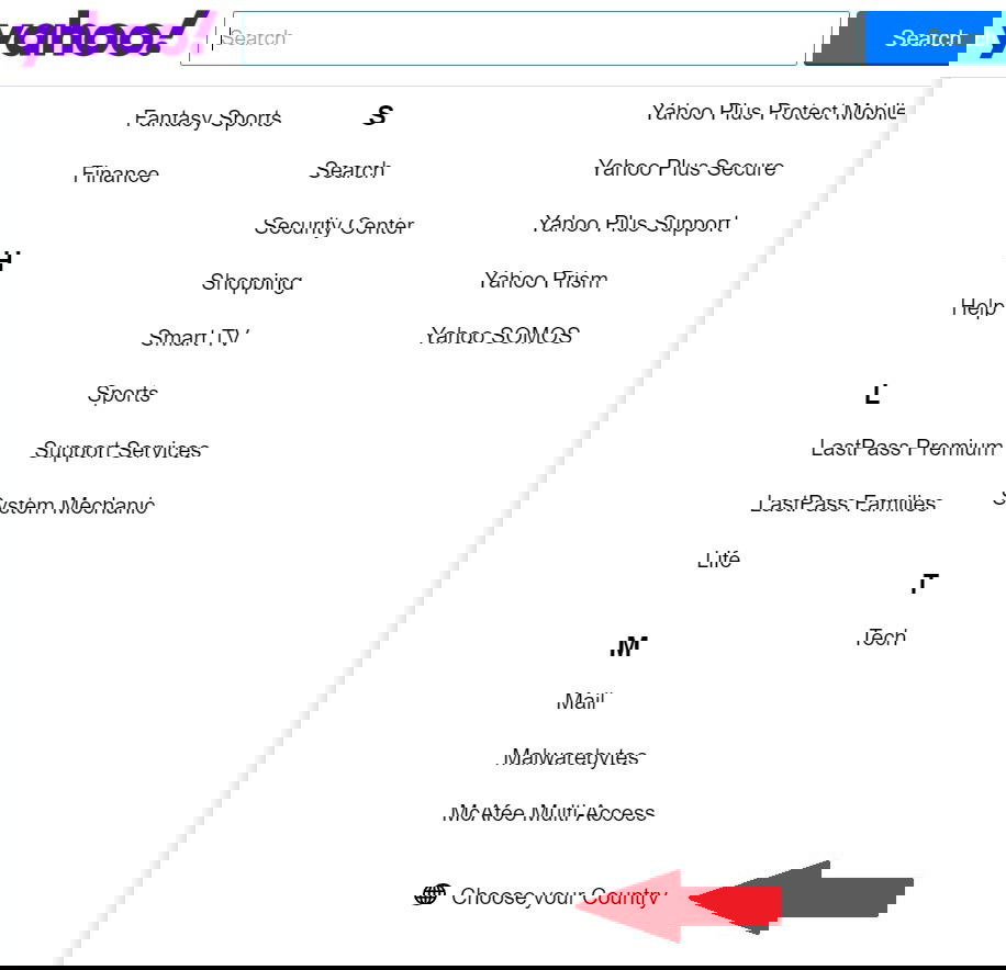 Выбор страны на странице Yahoo