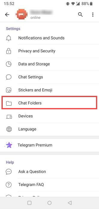 Опция Папки чатов в настройках Telegram.