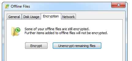 Окно управления офлайн-файлами: вкладка шифрования и кнопка Encrypt