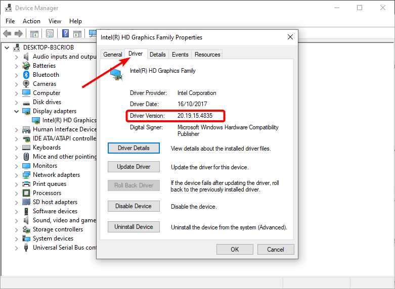 Вкладка 'Драйвер' с версией драйвера