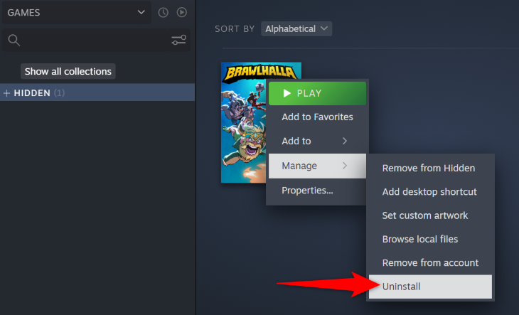 Выберите Управление > Удалить с компьютера
