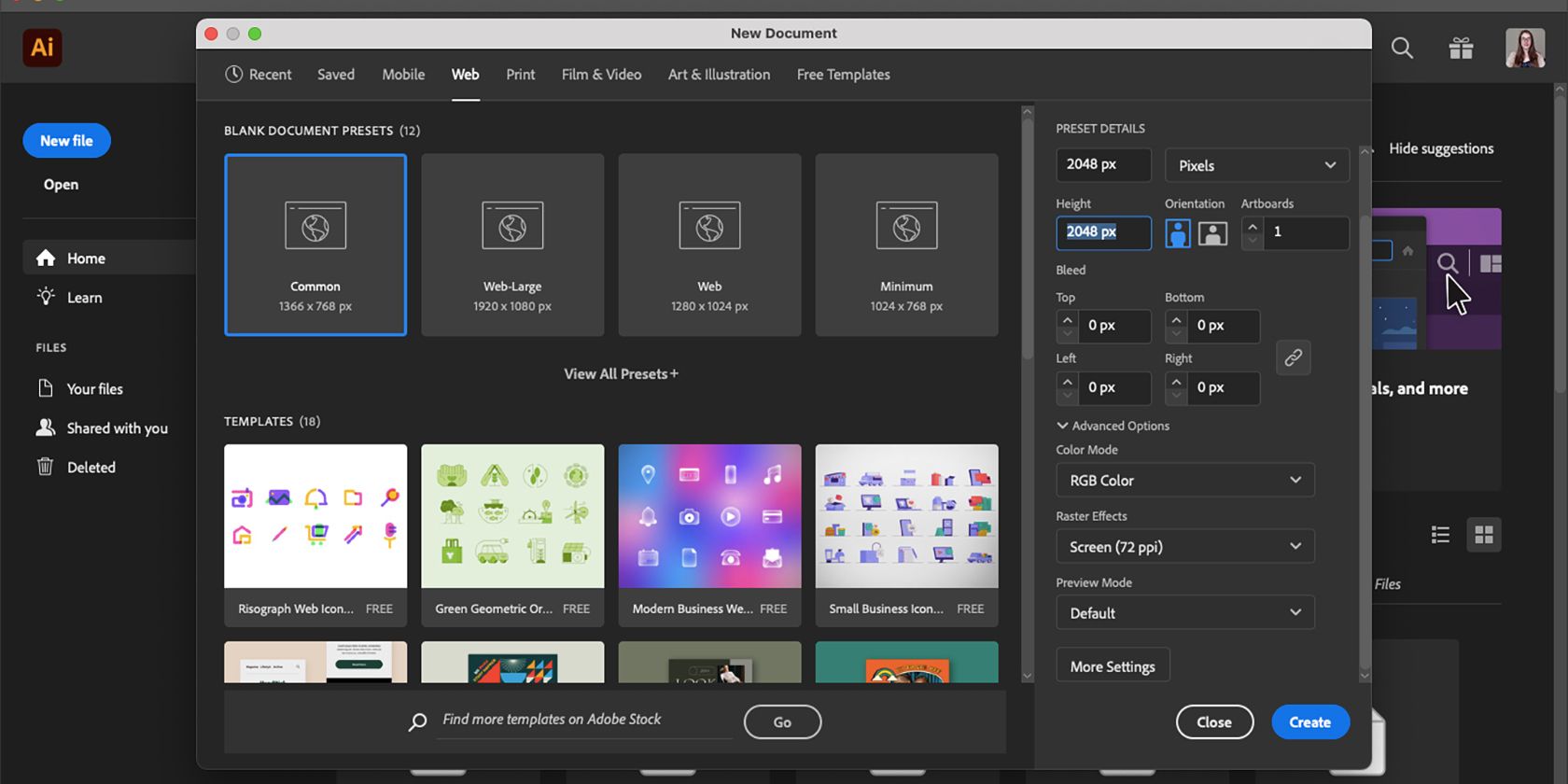 Окно создания нового документа в Adobe Illustrator с выбором размера и цветового пространства.