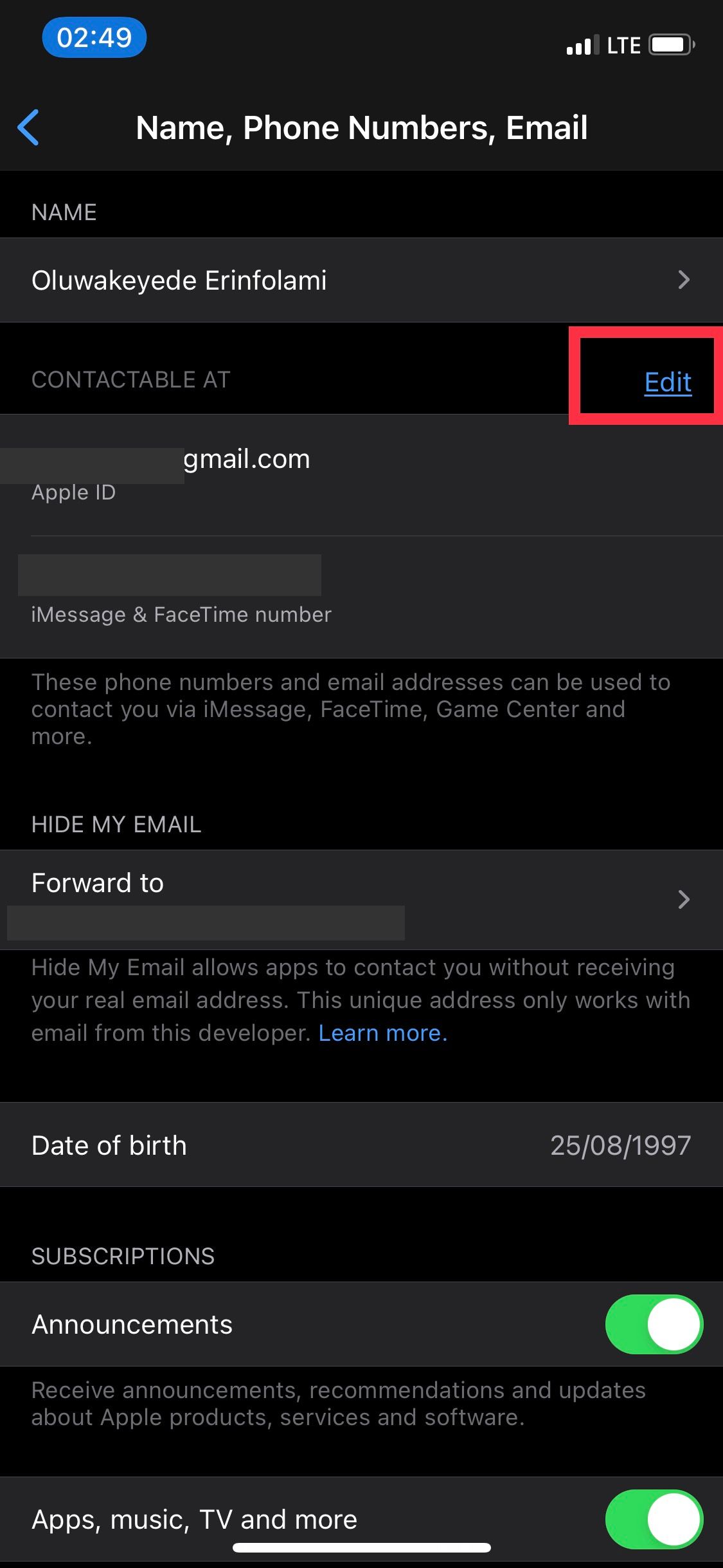Редактирование данных Apple ID на iPhone