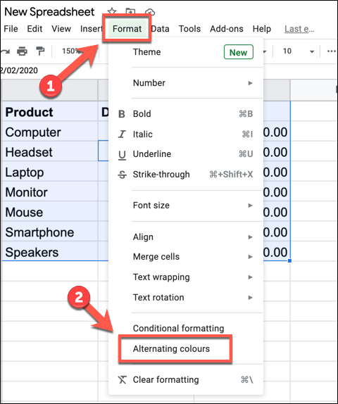 Нажмите «Формат», затем «Чередующиеся цвета»