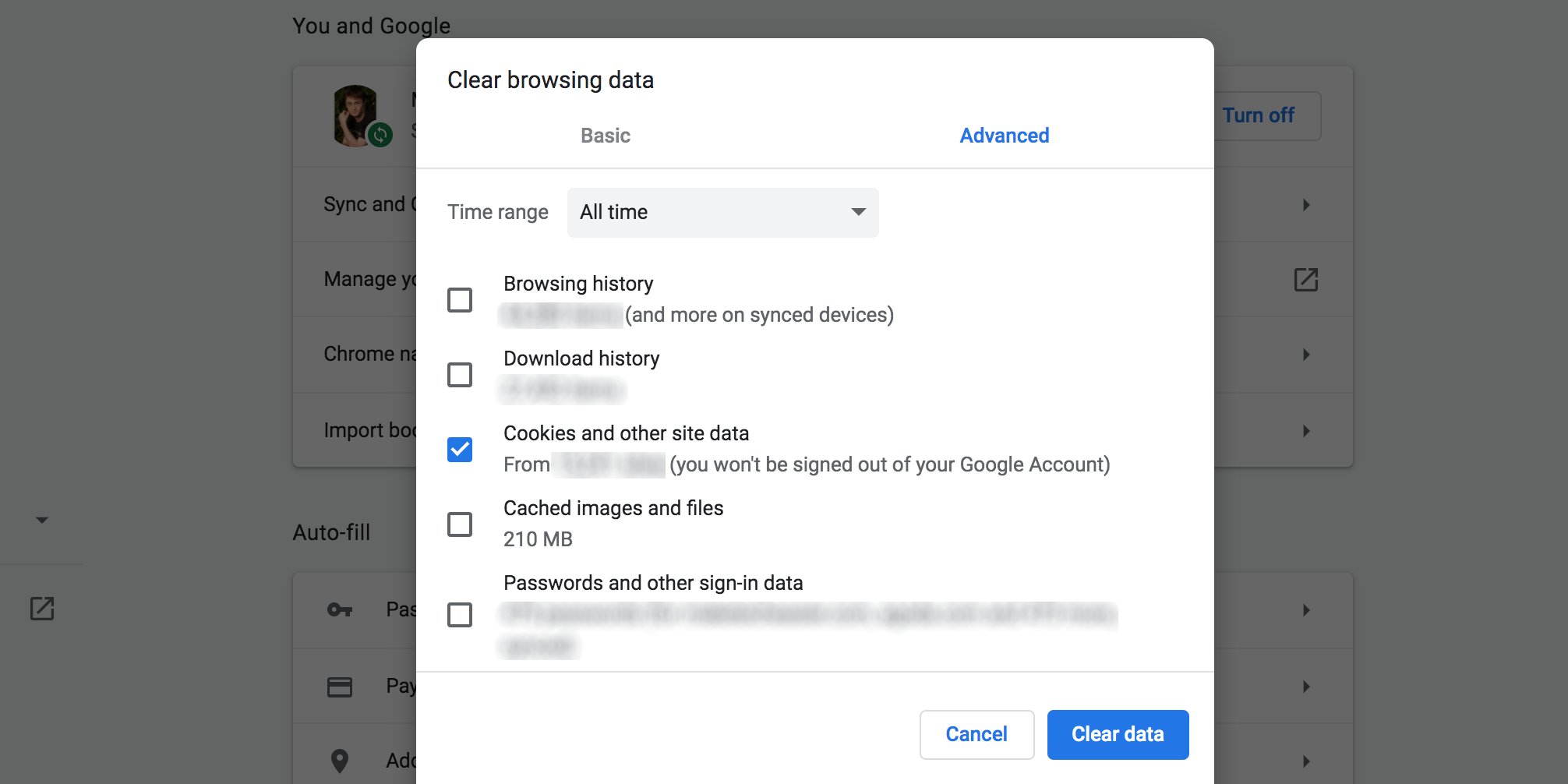 Выбор типа удаляемых данных в Chrome