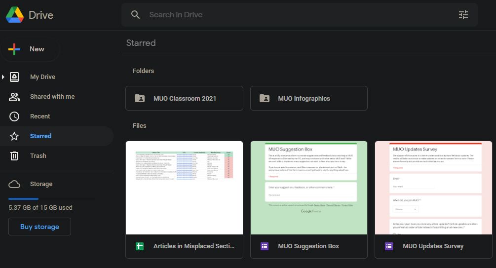 Вкладка «Избранное» в Google Drive