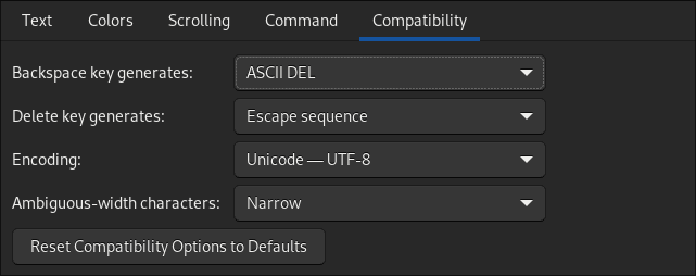 Скриншот вкладки Compatibility в настройках GNOME Terminal