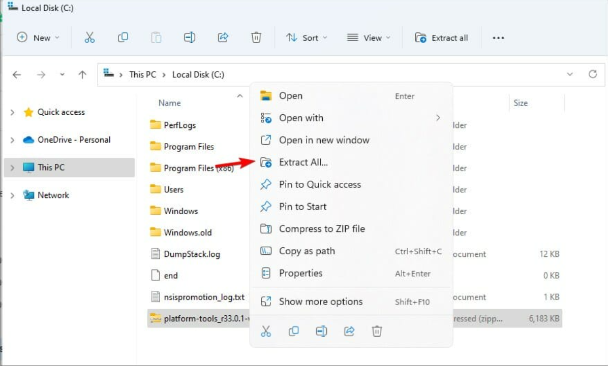 Контекстное меню zip-файла с опцией 'Извлечь всё'