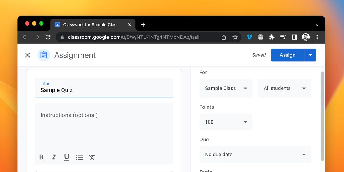 Пример теста в Google Classroom