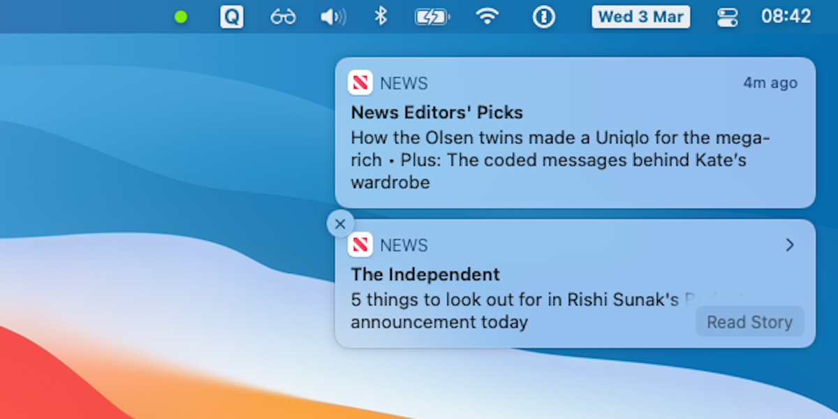 Скриншот macOS с активным уведомлением и кнопками действий.