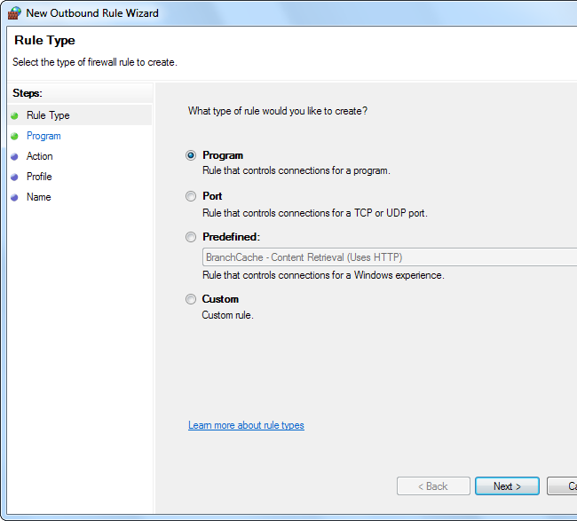 Типы правил: Программа, Порт, Предопределённое, Пользовательское