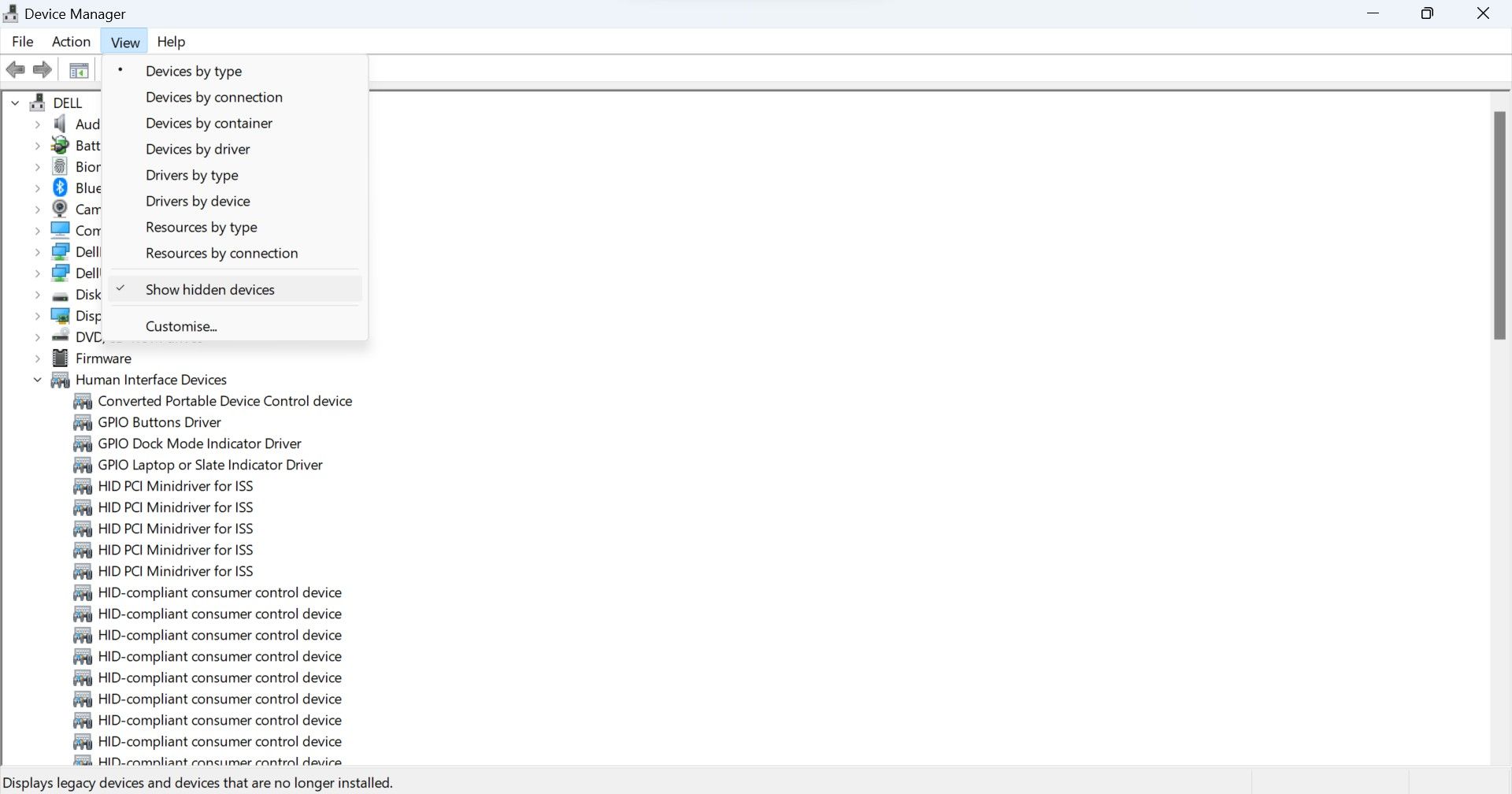 Показ скрытых устройств в Диспетчере устройств