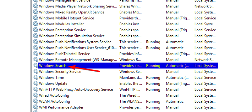 Список служб Windows с выделенной службой Windows Search