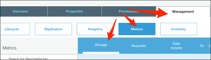 Просмотр размера бакета в консоли S3