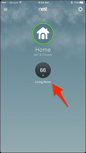 Значок настроек приложения Nest в правом верхнем углу