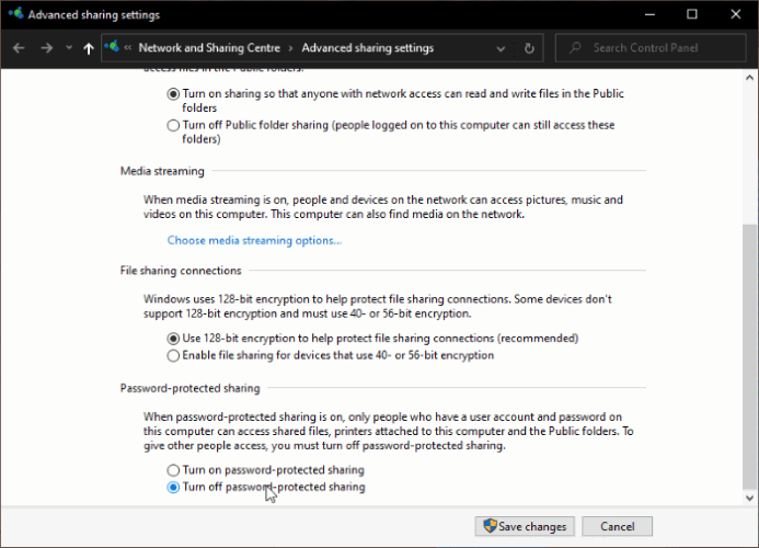 Скриншот: отключение защиты паролем для общих папок