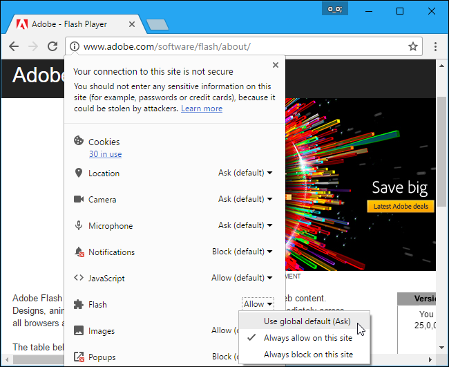 Окно разрешений сайта с опцией для Flash