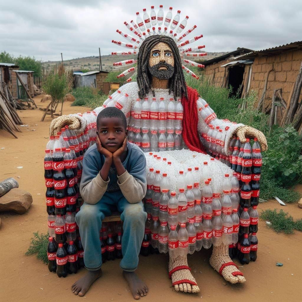 AI-сгенерированное изображение Иисуса, составленное из пластиковых бутылок.