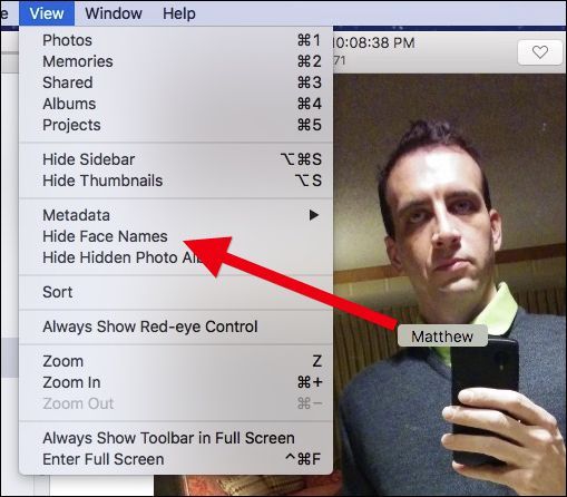 Меню для скрытия отображения имён лиц на фотографиях