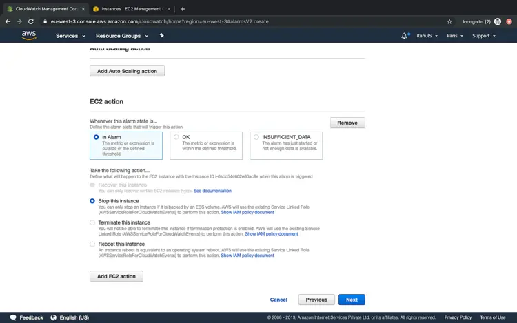 Настройка действия Stop для EC2 при срабатывании тревоги