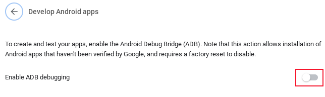 Опция включения Android Debugging на Chromebook