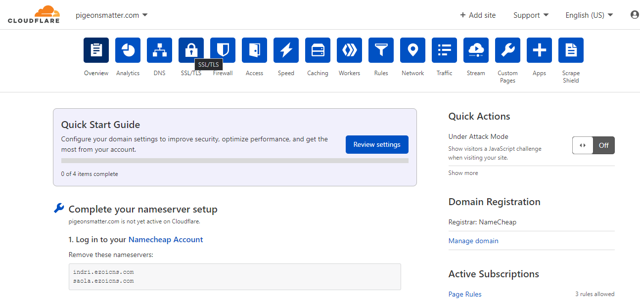 Область настроек Cloudflare