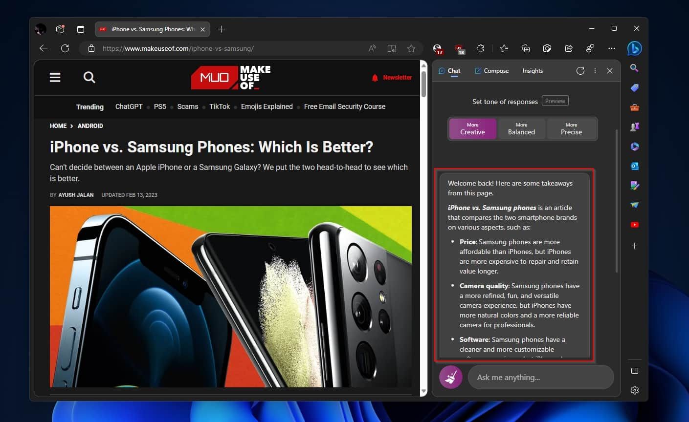 Bing Sidebar автоматически создаёт краткие резюме страниц