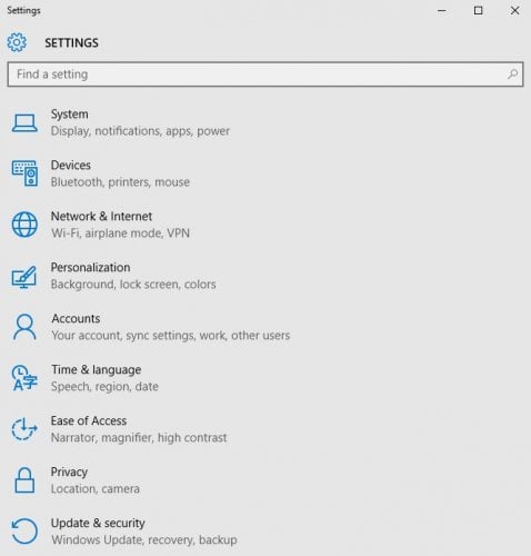 Параметры Windows 10 — главный экран