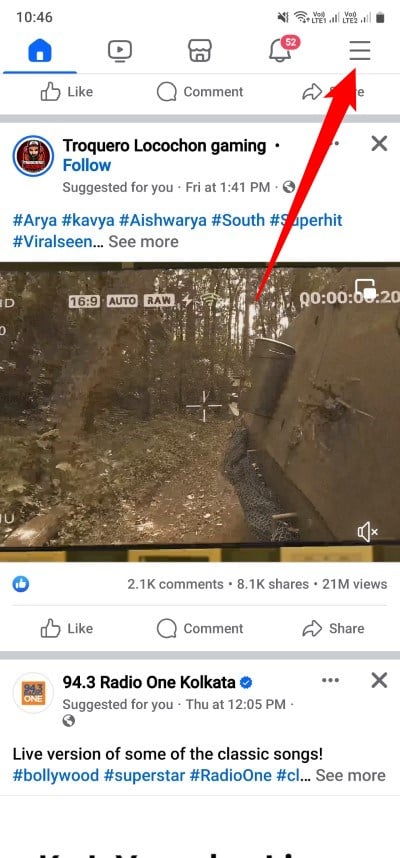 Меню Facebook на смартфоне