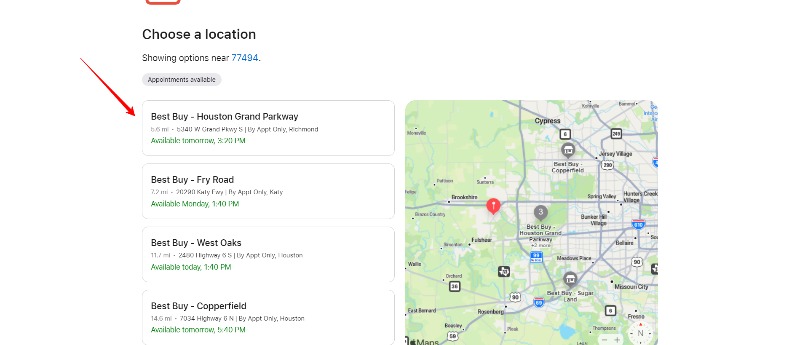 image showing choose location page on apple support website