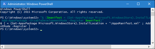 Пере-регистрация Microsoft Store в PowerShell