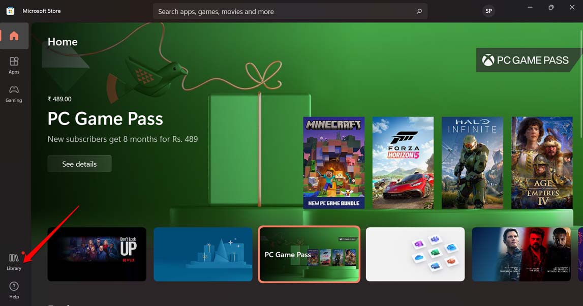 Открыть библиотеку Microsoft Store