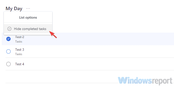 Меню Microsoft To-Do с опцией скрыть выполненные задачи